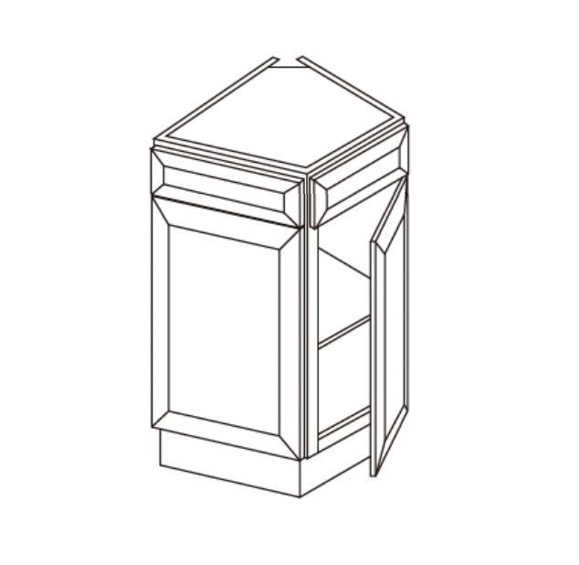 Isometric drawing of a corner kitchen cabinet with shelves and doors.